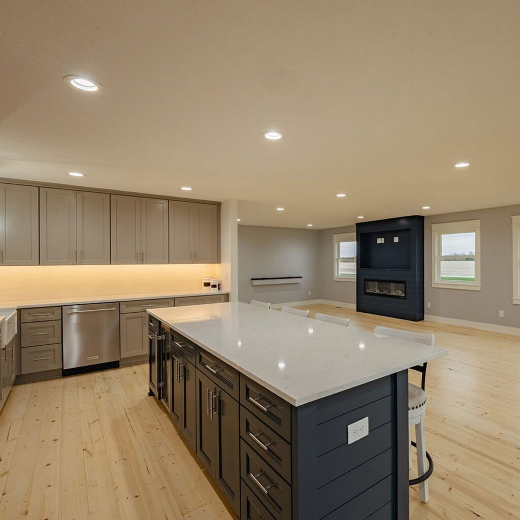 Newely finished kitchen, wide, island in frame