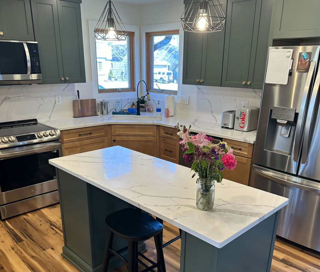 Finished kitchen, wide, showing island and full layout